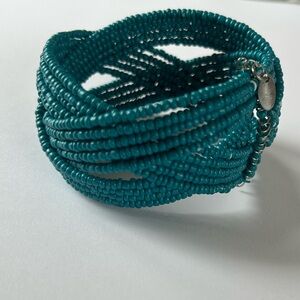 Teal Beaded Wire Cuff Bracelet with Interwoven Design